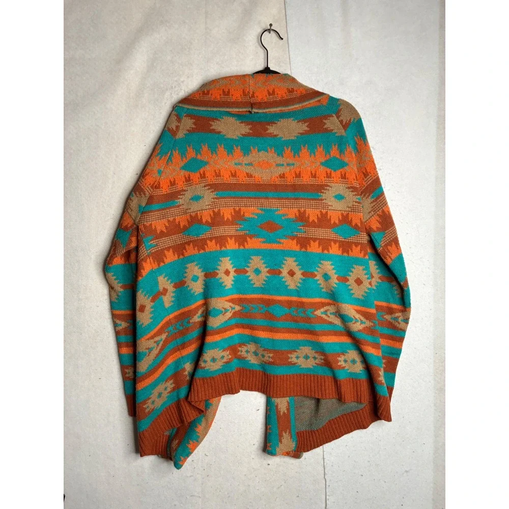 Rock and Roll Cowgirl XL Southwestern Aztec Open Front Cardigan Orange Teal Tan - Picture 9 of 10